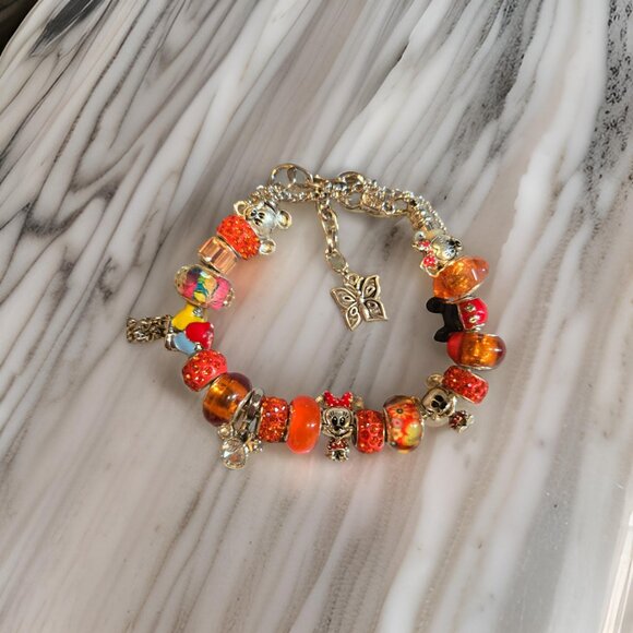 Orange Disney charm Bracelet/ Mickey & Minnie  7 in plus chain - Picture 1 of 2